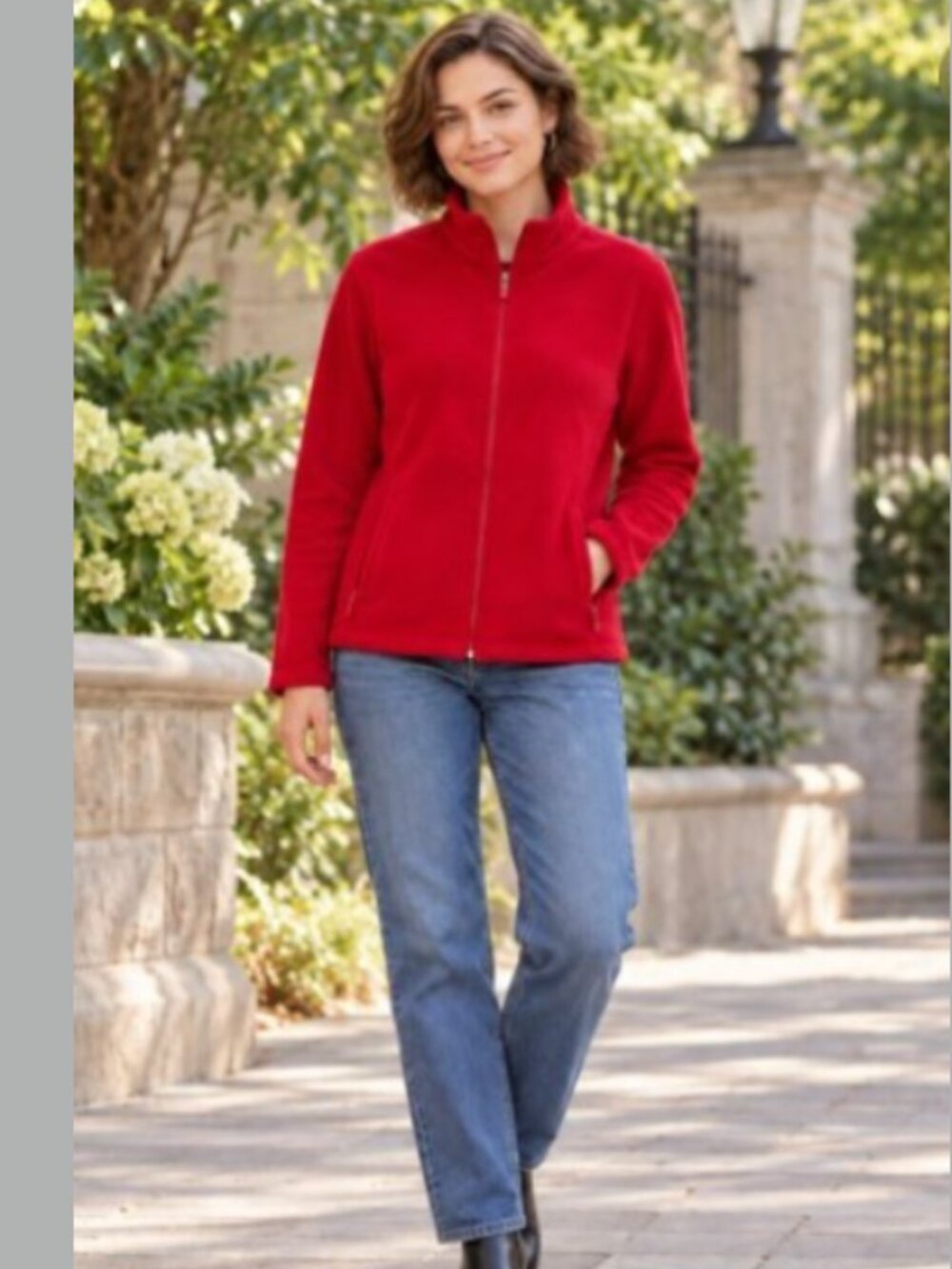 Land's End Women’s S/P Red Full Zip Fleece Jacket Mock Neck 100% Polyester